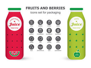 Bottle of juice, sugar water, tea or cocktail with drawing watermelon and apple. Isolated on the white background. Concept design for juice or cocktail. Product packaging mockup.