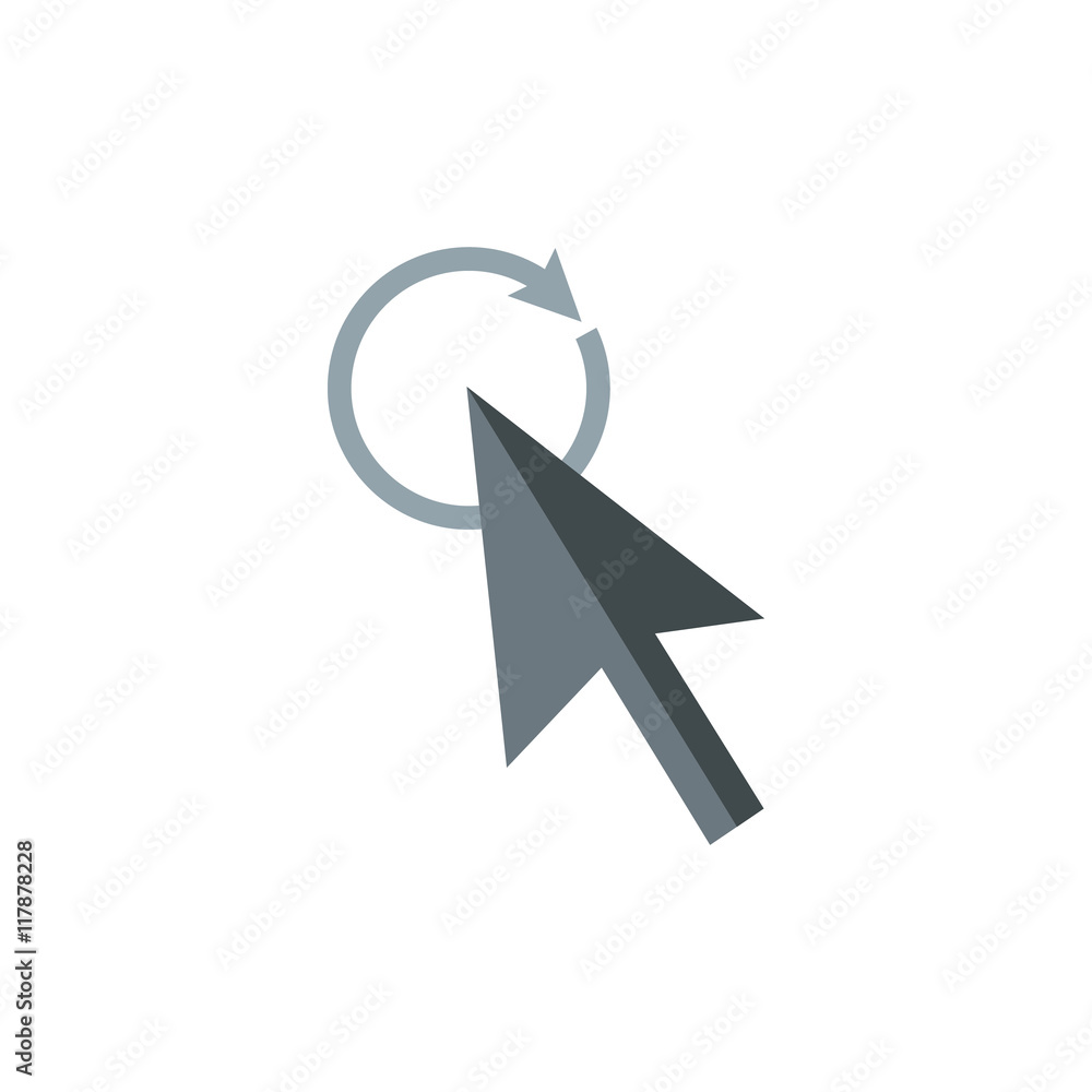 Poster grey cursor clicks on update icon in flat style isolated on white background. computer and internet 