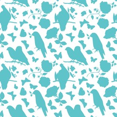 Scalable vector pattern with silhouettes of birds, butterflies a