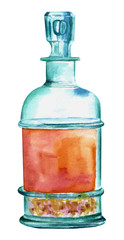Watercolor drawing of beautiful vintage bottle on white backgrou