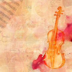 Fototapeta na wymiar Vintage design template with watercolor violin and sheet music
