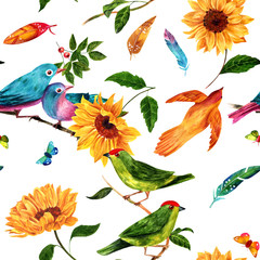 Seamless pattern with watercolor birds, feathers, sunflowers