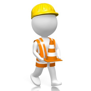 3D worker holding traffic cone
