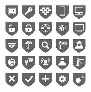 Security, Icons, Monochrome, Gray, Vector. Grey, Flat Icons On The Theme Of Protection And Safety Of People And Computers. Grey Images On A White Background. 