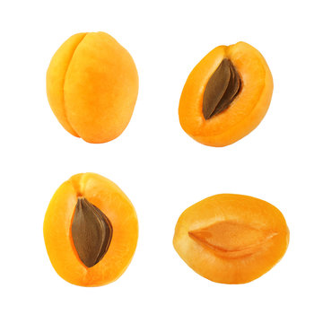 Collection of whole and cut apricot fruits isolated on white bac