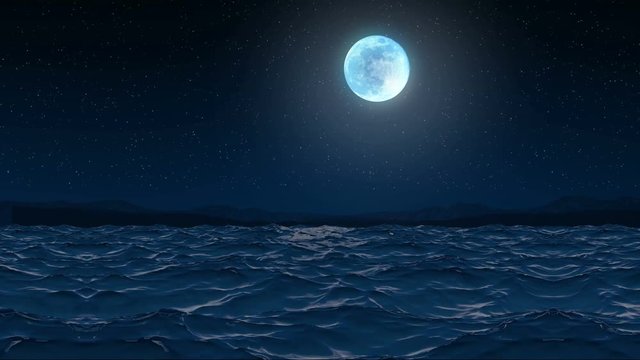 Seamless 3d Animation sea wave and ripple on the seaside shore beach at night with sparkling stars and moon glowing in 4k ultra hd