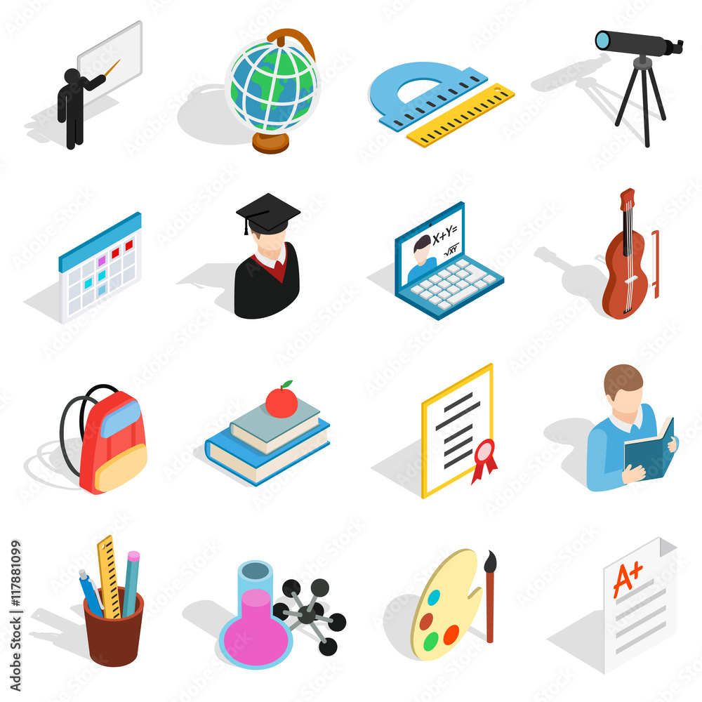 Poster isometric education icons set. universal education icons to use for web and mobile ui, set of basic 