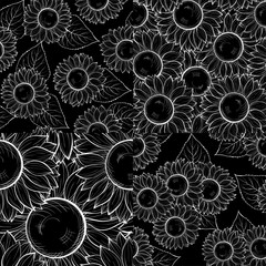 set of beautiful monochrome black and white seamless background with sunflowers. Hand-drawn contour lines and strokes.