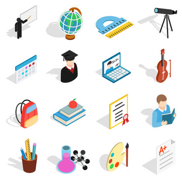 Isometric education icons set. Universal education icons to use for web and mobile UI, set of basic education elements isolated vector illustration