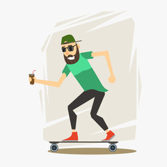 Hipster character on longboard. Isolated vector illustration.