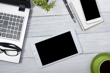Office desk table with supplies. Top view. Copy space for text
