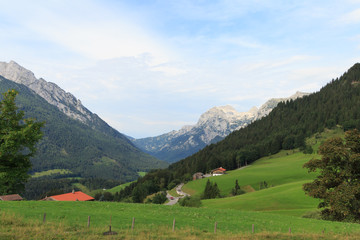 Watzmann, Hochkalten and Rotpfalfen in Berchtesgaden, Bavaria, Germany with camping ground, Panorama