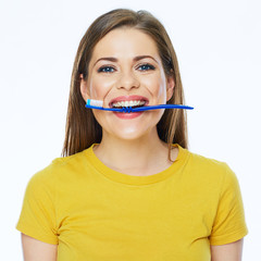 Funny woman with toothy brush.