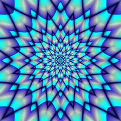 Abstract blue background resembling stylized snowflake. Abstract psychedelic object of concentric stars with blue rays