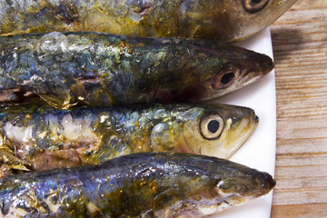 fish dish, grilled sardines with lemon on wooden background