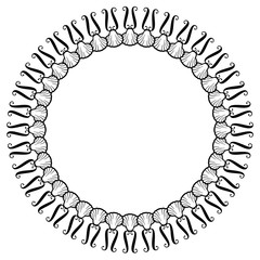 Black and white round frame with shells. Vector clip art.