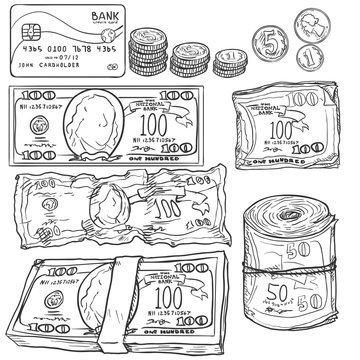 Vector Set of Sketch Money: Banknotes, Coins, Card.