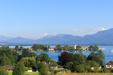 Fraueninsel at Lake Chiemsee with Alpes at Gstadt, Bavaria