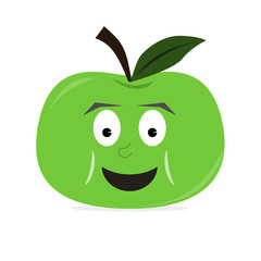 Apple fruit character with big smile on face. Green color. Isolated vector illustration.