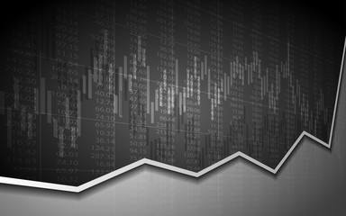 Abstract Business Candlestick chart with uptrend line graph and stock numbers in bull market on dark gray background (vector)