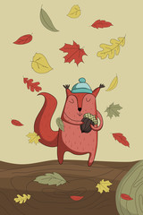 Cute little squirrel with acorn and hat. Autumn falling leaves.