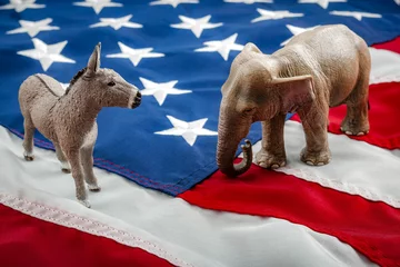 Fotobehang Democrats vs republicans are facing off in a ideological duel on the american flag. In American politics US parties are represented by either the democrat donkey or republican elephant © Victor Moussa