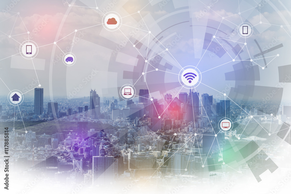 Fototapete smart city and wireless communication network, IoT(internet of things), CPS(Cyber-Physical Systems), ICT(Information Communication Technology), abstract image visual