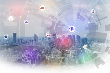 Obraz premium smart city and wireless communication network, IoT(internet of things), CPS(Cyber-Physical Systems), ICT(Information Communication Technology), abstract image visual