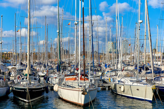 Sailboats at Port Vell in Barcelona city. Spain