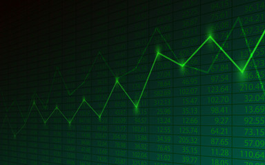 Business chart with uptrend line graph and stock numbers in bull market on dark green background (vector)