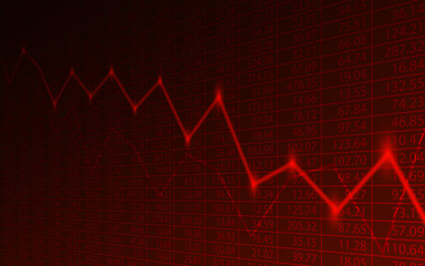 Business chart with downtrend line graph and stock numbers in bear market on dark red background (vector)