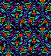 Seamless Pattern of  Black and Colorful Striped Curved Triangles.  Geometric Abstract Background. Suitable for textile, fabric, packaging and web design. Vector Illustration.