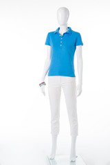 Mannequin in blue polo t-shirt.