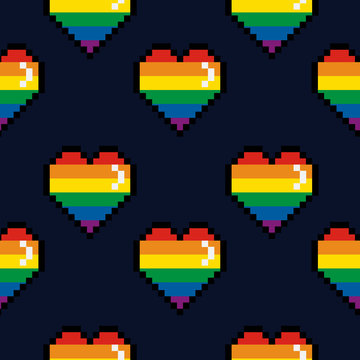 Vector seamless pattern 8 bit Pride lgbt pixel color heart Valentines Day retro card
