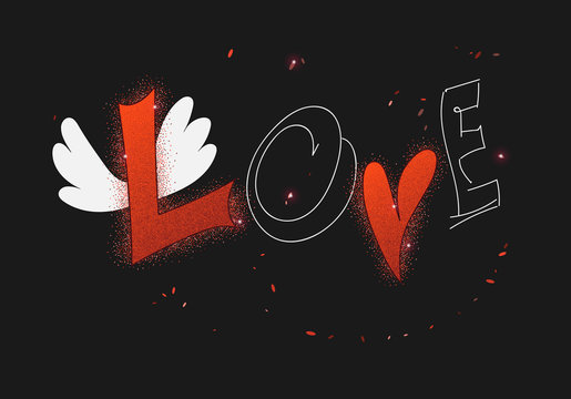 ПриVector love card with heart, wings and caption LOVE on dark b