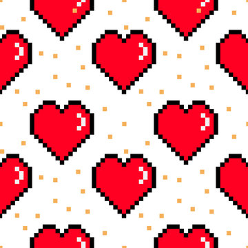 Vector 8 bit pixel hearts Valentines Day retro pattern