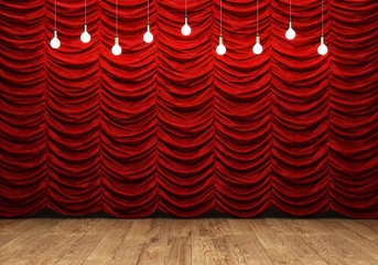 Red curtain and wooden floor with retro light bulbs - 117888692