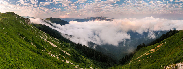 Fototapeta na wymiar fog and cloud mountain valley landscape, Abkhazia, Caucasus