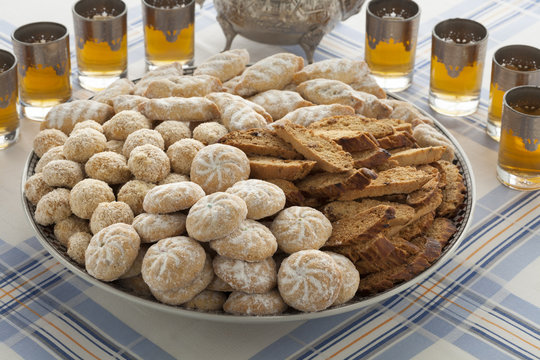 Traditional variety of Moroccan cookies with tea