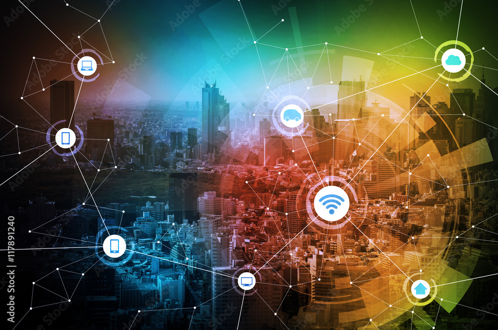 Fototapete modern city and wired network concept icons, iot(internet of things), cps(cyber-physical systems), i
