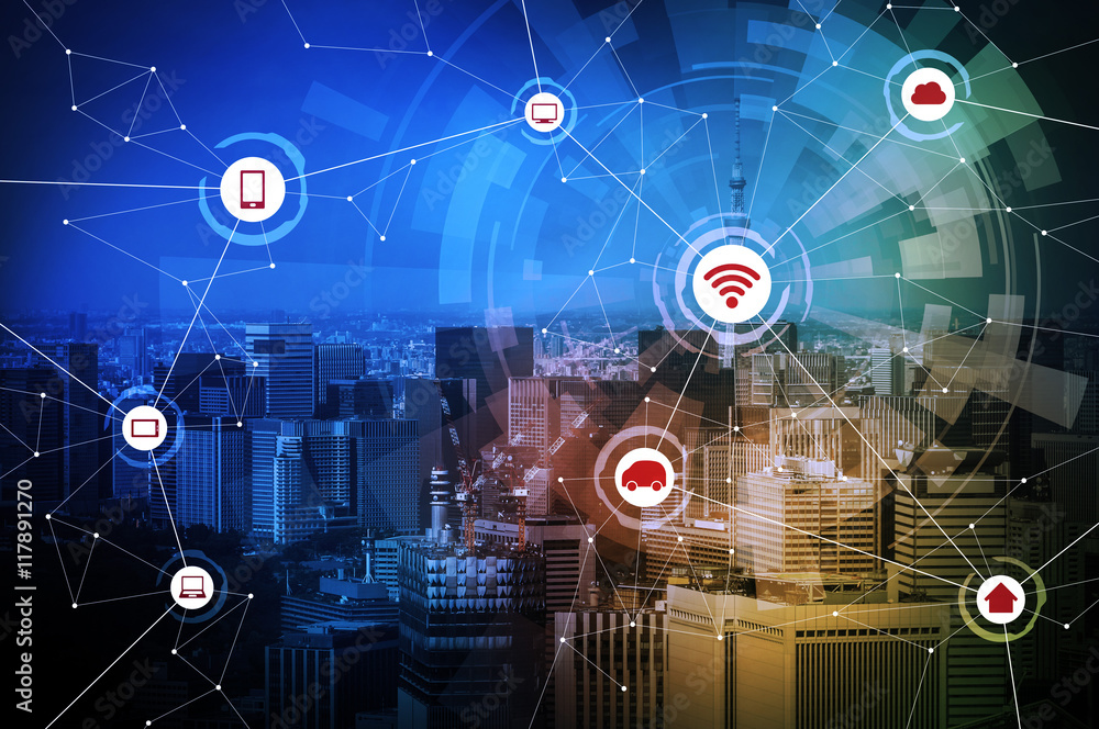 Fototapete modern city and wired network concept icons, iot(internet of things), cps(cyber-physical systems), i