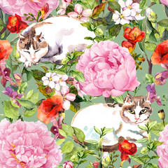 Cat sleeping in grass, flowers. Floral seamless pattern. Watercolor