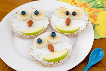 Owl cakes for kids breakfast on a plate. Funny creative food for healthy children breakfast.