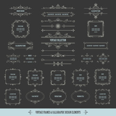 Vintage calligraphic frames, borders, dividers, pagedecoration elements big set on chalkboard.