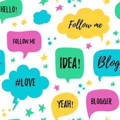 Vector speech bubbles seamless patter with phrases Blog, Blogger, #love, follow me. Hand drawn speech bubbles, blog label in grunge style with hashtag. Social media icons set.