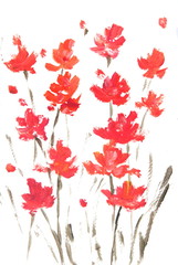 Acrylic color painting of red flowers on white