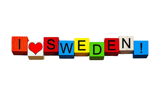 I Love Sweden, sign for Swedish culture, Stockholm, travel. Isolated.