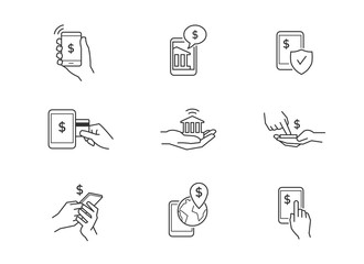 Mobile banking icons. Online money transfer using mobile phone. Vector outline.