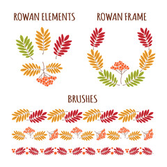 Autumn rowan elements. Circle wreath and brushes borders from  leaves and berries. Elements for your design autumn banner, flyer, background, wallpaper, card and others.