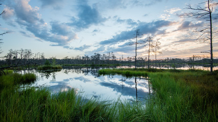 reflections in the lake water at sunrise